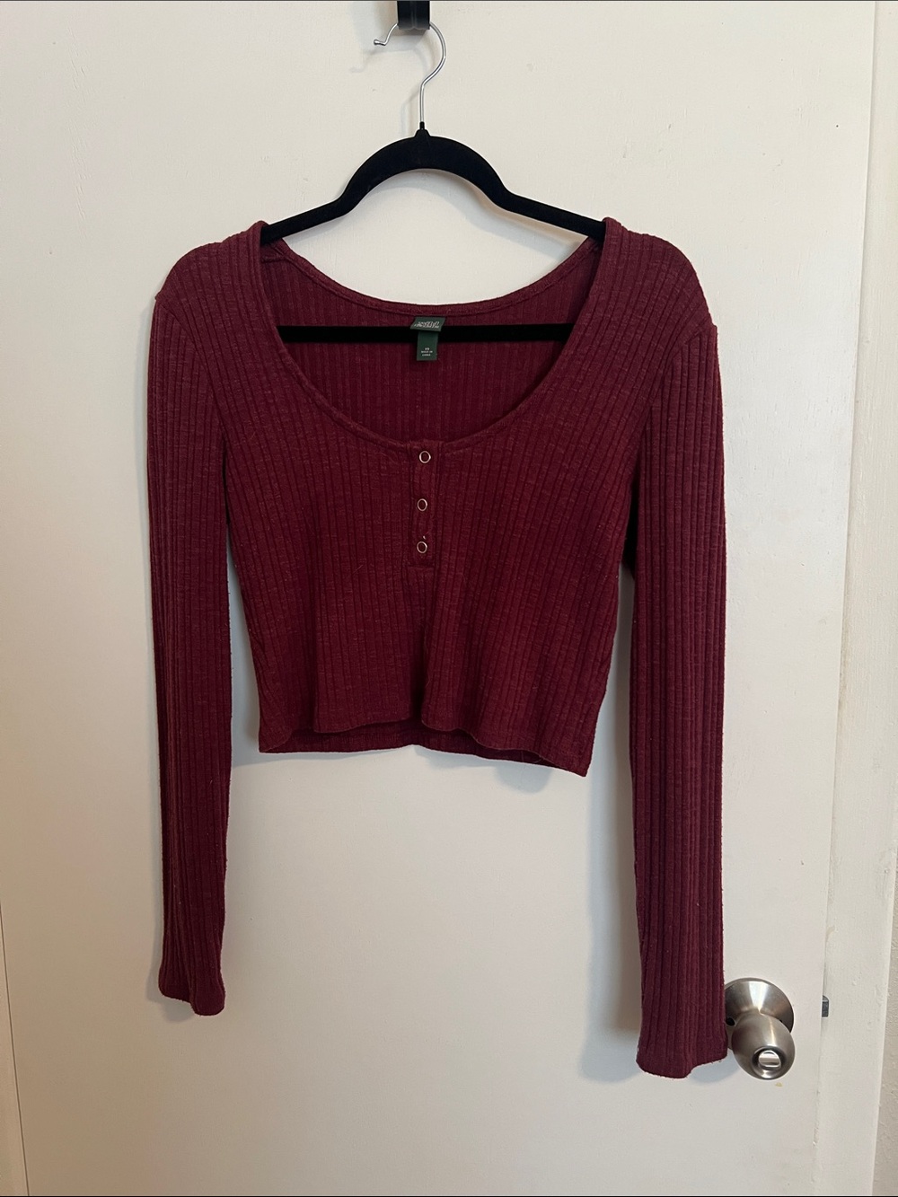 wild fable Ribbed Henley Crop Top - Wine